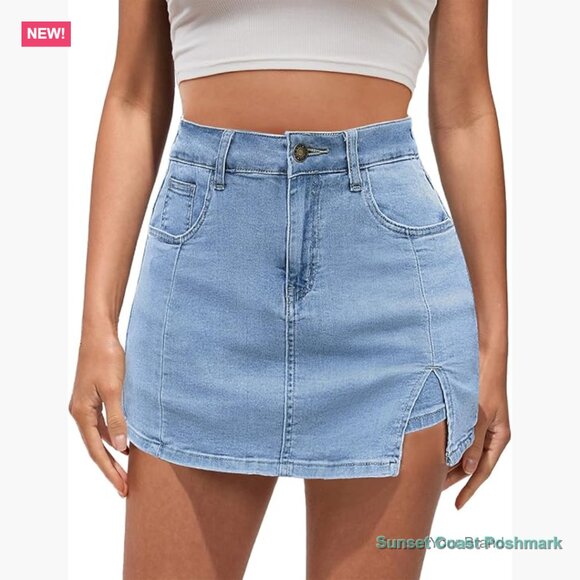 High Waisted Denim Skort with Slit Stretchy Shorts
